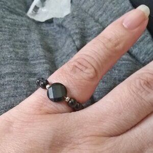 Sexy Black Bling Beaded Stone Ring - Black Stone + Faceted Black Crystal ~ S 5.5